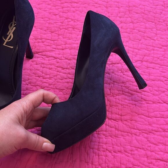 YSL navy blue suede Peep-Toe Heels, US7 - Picture 4 of 11